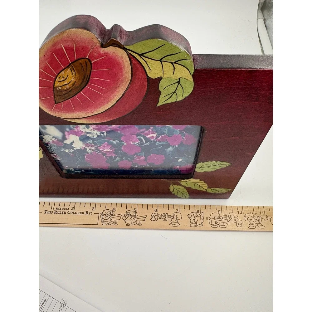 Vtg 1990s Tole Painted Cherry Wood Picture Frame Set 2 Peach Fruit Cottagecore